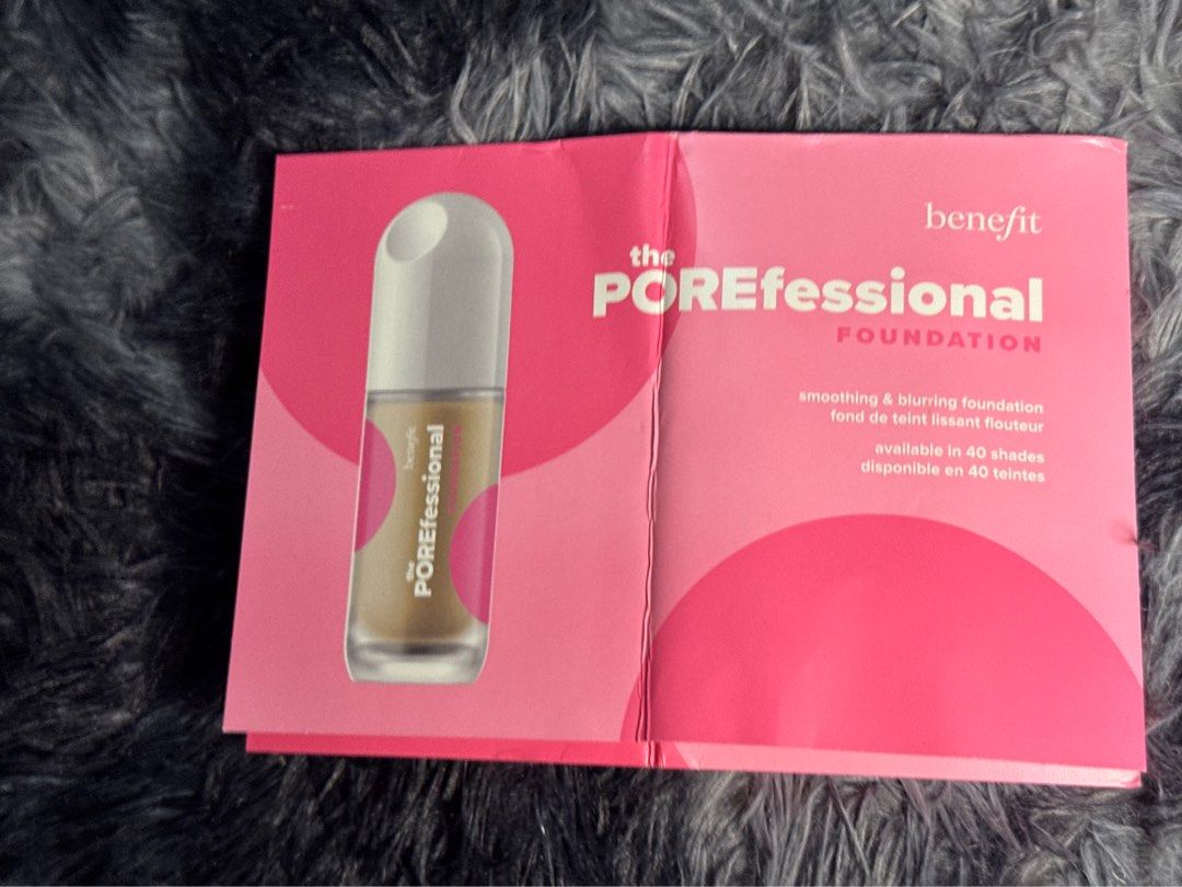 Benefit The POREfessional Foundation Sample Card (Category: Makeup) located in Pasig City. Submitted by beautyloversph (Listing ID 1447892019, Image 1). Description: - Discover your ideal shade with 40 available foundation samples. I have 2 slots for this 165 each card - Includes a sample of The POREfessional primer. - Waterproof, transfer-proof, and long-wearing formula. - Lightweight and breathable for comfortable wear. - Perfect for shade matc
