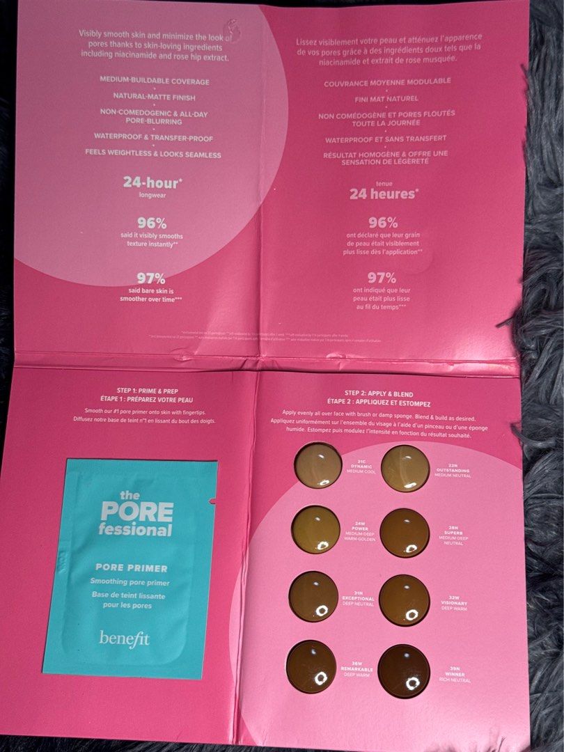 Benefit The POREfessional Foundation Sample Card (Category: Makeup) located in Pasig City. Submitted by beautyloversph (Listing ID 1447892019, Image 2). Description: - Discover your ideal shade with 40 available foundation samples. I have 2 slots for this 165 each card - Includes a sample of The POREfessional primer. - Waterproof, transfer-proof, and long-wearing formula. - Lightweight and breathable for comfortable wear. - Perfect for shade matc