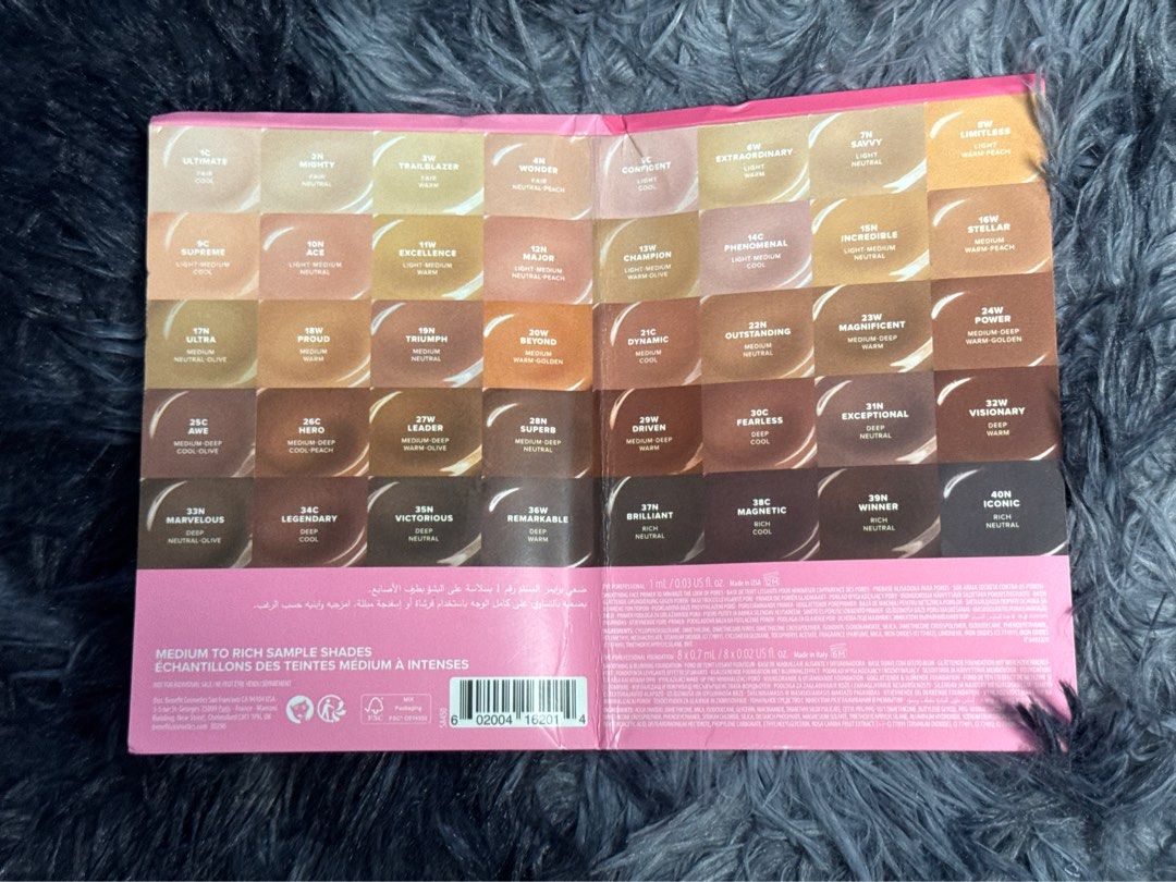 Benefit The POREfessional Foundation Sample Card (Category: Makeup) located in Pasig City. Submitted by beautyloversph (Listing ID 1447892019, Image 3). Description: - Discover your ideal shade with 40 available foundation samples. I have 2 slots for this 165 each card - Includes a sample of The POREfessional primer. - Waterproof, transfer-proof, and long-wearing formula. - Lightweight and breathable for comfortable wear. - Perfect for shade matc