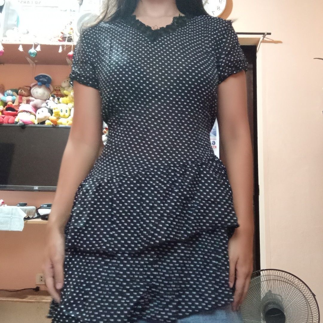 Black and White Polka Dot Ruffle Mini Dress (Category: Dresses) located in Talisay. Submitted by peonisces (Listing ID 1448010881, Image 2). Description: small - Cute black dress with white polka dots - Short sleeves - Ruffled hem - Lace trim neckline - Ideal for casual outings or a day out - Easy to wear and style - Fits well.