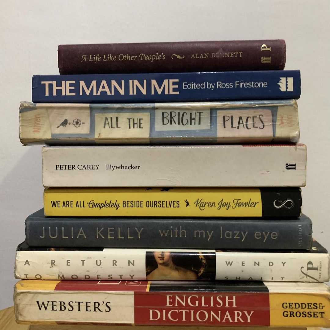 Book bundle (fiction, classic) 8 books (Category: Storybooks) located in Cebu City. Submitted by book_bird (Listing ID 1447895869, Image 1). Description: - Stack of 8 books for sale. - Titles include: - 'A Life Like Other People's' by Alan Bennett - 'The Man in Me' edited by Ross Firestone - 'All the Bright Places' - 'Illywhacker' by Peter Carey - 'We Are All Completely Beside Ourselves' by Karen Joy Fowler - 'With My Lazy Eye' by Julia Kelly - '