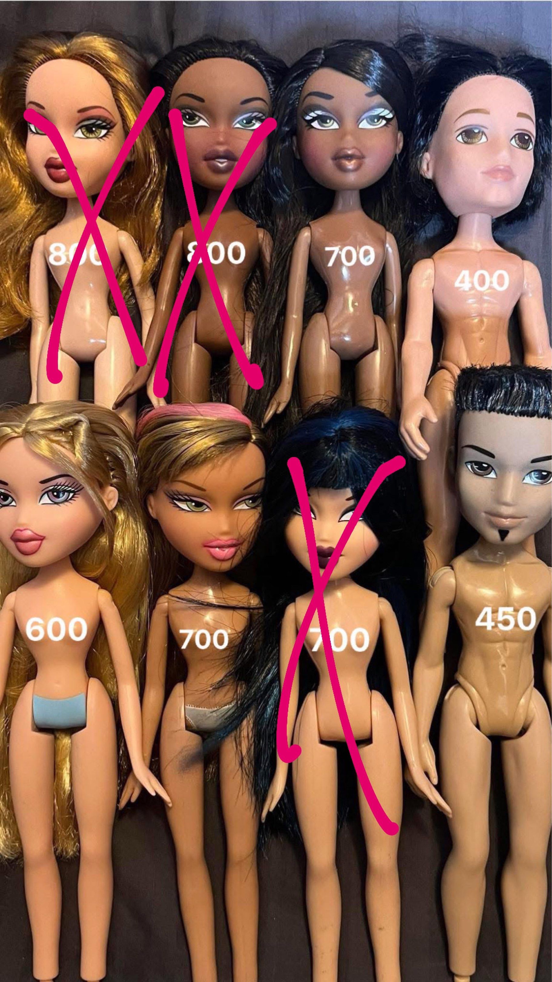 Bratz Dolls For Sale - Various Prices (Category: Kids Toys) located in Makati City. Submitted by starboy17 (Listing ID 1440751880, Image 1). Description: - Collection of Bratz dolls available. - All dolls are nude and ready for new outfits. - Ideal for collectors or for spare parts. - Prices are clearly marked on each doll in the photos..
