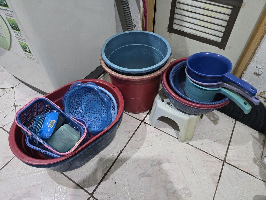 Bundle of Assorted aplastic Household Items (Category: Other Kitchenware & Tableware) located in Makati City. Submitted by shopaholicsgallery (Listing ID 1448005179, Image 1). Description: - Includes: 2 pails 2 large basins 3 small basins 3 buckets 2 fruit trays/baskets 4 soap dish 2 toiletries basket 1 stool - Ideal for laundry, cleaning, or kitchen tasks - All items are in good, usable condition (2 large basins jave cracks) - Bundle deal for ev