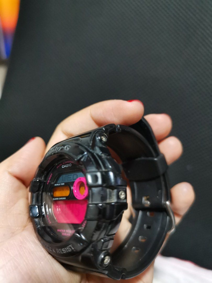 Casio Baby-G Shock Resist Watch (Category: Women's Watches) located in Cavite. Submitted by strawberryandsunset (Listing ID 1448077655, Image 2). Description: - Authentic Black Casio Baby-G Watch - Shock Resistant - Water Resistant up to 20 BAR - Digital Display - World Time Function - Alarm Chronograph Functions - Good pre-owned condition with some signs of wear (please check photos) - Sold as is. No battery. .
