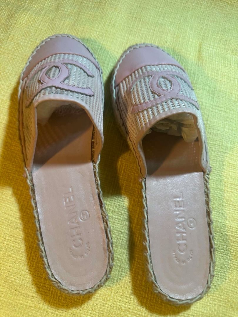 Chanel Pink CC Espadrille Mules Slides (Category: Sneakers & Footwear) located in Pasay City. Submitted by tobio82 (Listing ID 1448070393, Image 3). Description: - Chanel espadrille mules - Chic soft pink color - Iconic CC logo detail - Woven material with leather cap toe - Convenient slip-on style - Ideal for casual outings and everyday wear - Please review all photos for detailed condition.