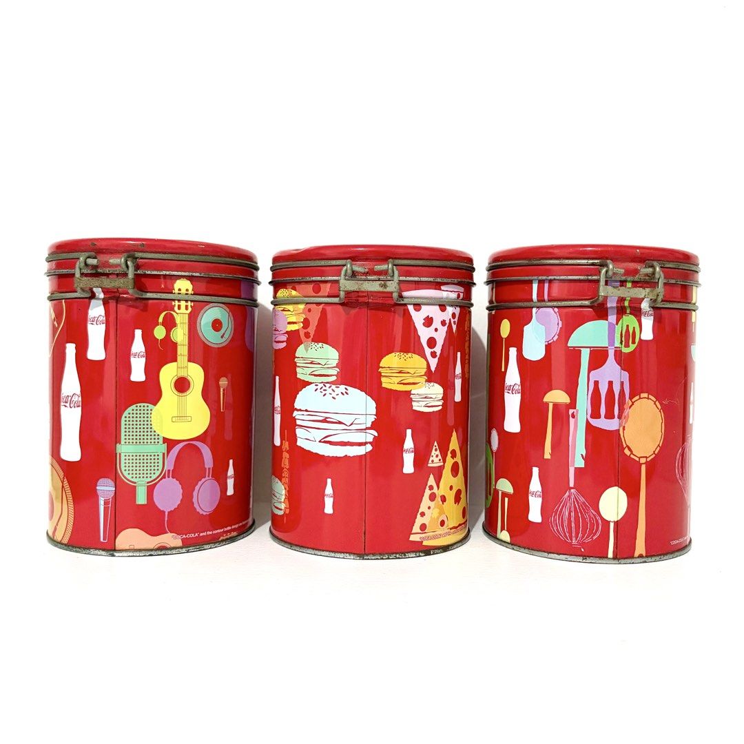 Coca-Cola Canisters Set of 3 (Category: Food Organization & Storage) located in Santa Rosa. Submitted by shikaricollectibles (Listing ID 1448073079, Image 3). Description: Coca-Cola Canisters Set of 3 Canisters have rust and dirt, especially on the metal wrapped around them and on the locks themselves. There is also deformation on some parts of the edges. Price: ₱500 set Location: Santa Rosa, Laguna/ Cubao, QC MOD: J&T/ LBC/ Lalamove MOP: Gcash/ 