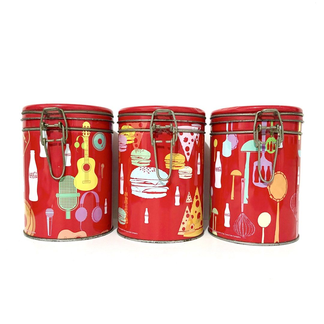 Coca-Cola Canisters Set of 3 (Category: Food Organization & Storage) located in Santa Rosa. Submitted by shikaricollectibles (Listing ID 1448073079, Image 1). Description: Coca-Cola Canisters Set of 3 Canisters have rust and dirt, especially on the metal wrapped around them and on the locks themselves. There is also deformation on some parts of the edges. Price: ₱500 set Location: Santa Rosa, Laguna/ Cubao, QC MOD: J&T/ LBC/ Lalamove MOP: Gcash/ 