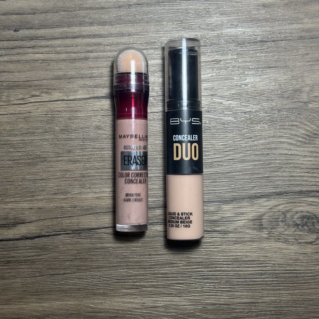 CONCEALER BUNDLE: Maybelline Instant Age Rewind Eraser & BYS Concealer Duo (Category: Makeup) located in Cavite. Submitted by gail_03 (Listing ID 1448063293, Image 1). Description: - Maybelline Instant Age Rewind Eraser Color Correcting Concealer (Brand new and sealed) - BYS Concealer Duo (Medium Beige) - includes liquid and stick formulas (only swatched once) - Ideal for covering imperfections and blemishes - Perfect for quick touch-ups anytime,