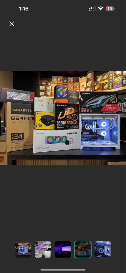 Custom White Gaming PC - Ryzen 5, RTX 3060 (Category: Desktops) located in Bulacan. Submitted by snoopyy0 (Listing ID 1448056417, Image 1). Description: AMD Ryzen 5 5500 6 Cores 12 Threads *Gigabyte B550m DS3H AC Wifi + Bluetooth *Spectrix D50 RGB 8gb x 2 (16gb total) 3200mhz White *GIGABYTE RX 6600 EAGLE 8G Triple Fans *CORSAIR CV550 550w 80 PLUS BRONZE-RATED PSU *Tecware VXN V2 WHITE Dual-Chambered MATX w/ 3x ARGB Mobo Sync Case Fans *IDCooling