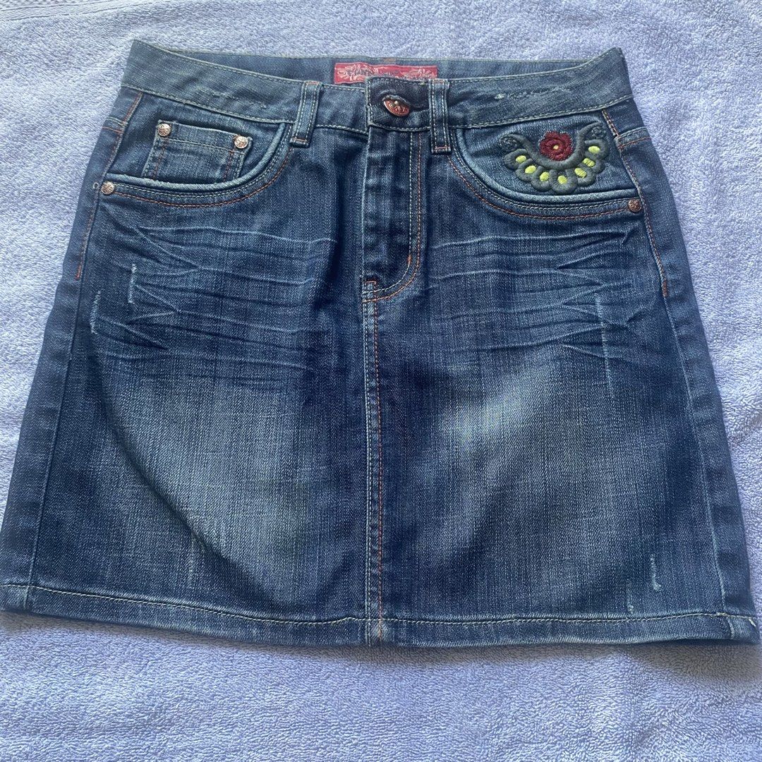 Denim Embroidered Skirt (Category: Skirts) located in Taguig. Submitted by floatingpoints (Listing ID 1447933912, Image 1). Description: unused, fits 28 wl RFS: not my style anymore loc: qc/taguig mop: gcash only mod: j&t or lalamove (within mm) pls manage your expectations since these are all preloved, unless tagged as bnwt :).