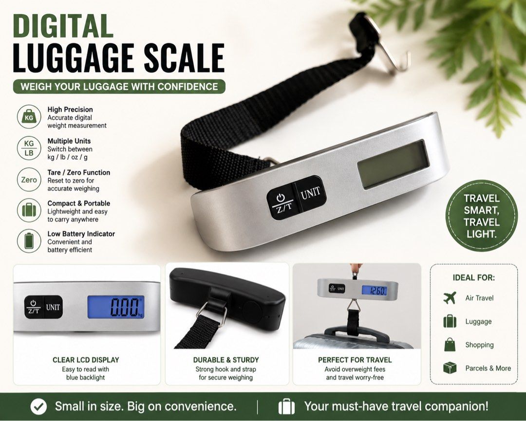 Digital Luggage Scale - High Precision, Portable, Travel Smart (Category: Health Monitors & Weighing Scales) located in Manila. Submitted by chiiisells_ (Listing ID 1447925037, Image 1). Description: - High precision digital luggage scale - Multiple weighing units: kg, lb, oz, g - Tare/zero function for accurate weighing - Compact and portable design - Clear LCD display with blue backlight - Durable hook and strap for secure weighing - Essential 