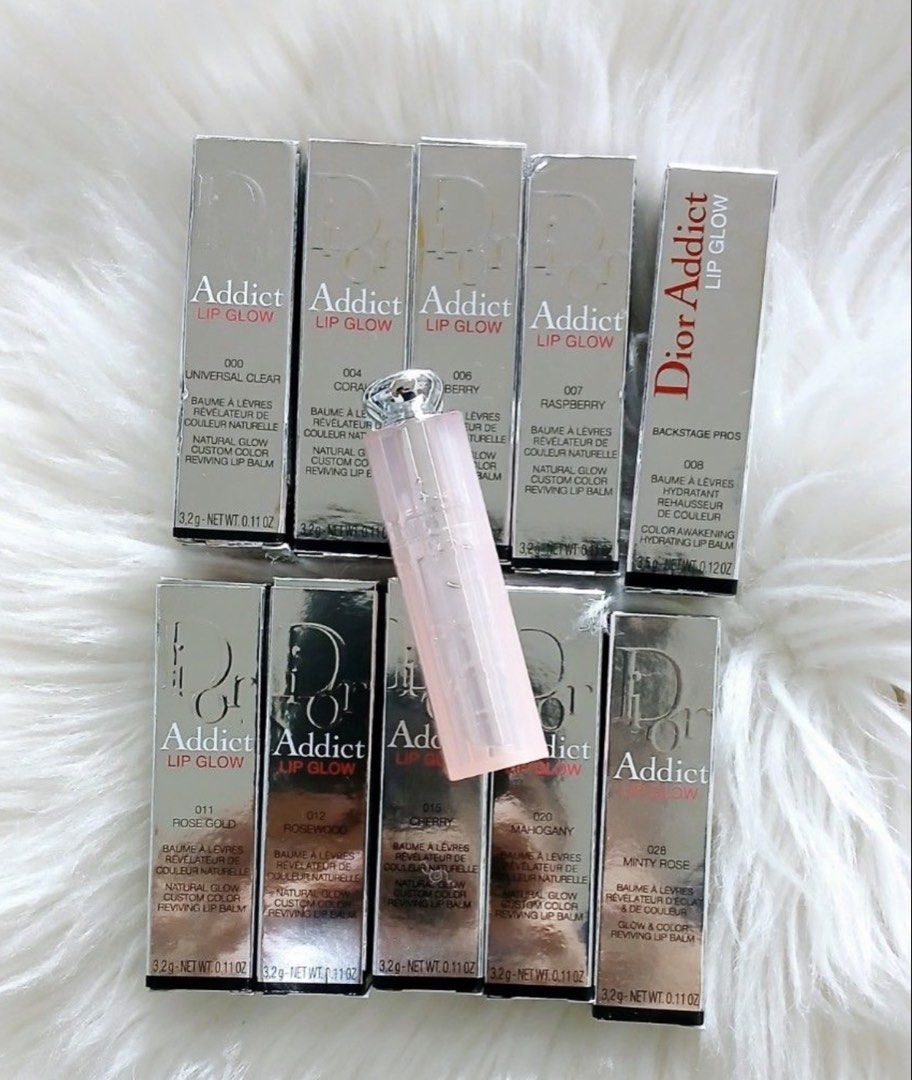 DIOR LIP GLOW per piece (Category: Makeup) located in San Juan City. Submitted by cashfrancefashioncosmetics_ph (Listing ID 1448077826, Image 1). Description: DIOR ADDICT LIP GLOW 3.2g Shades: - 000 UNIVERSAL CLEAR - 004 CORAL - 006 BERRY - 007 RASPBERRY - 008 ULTRA PINK - 011 ROSE GOLD - 012 ROSEWOOD - 015 CHERRY - 020 MAHOGANY - 028 MINTY ROSE.