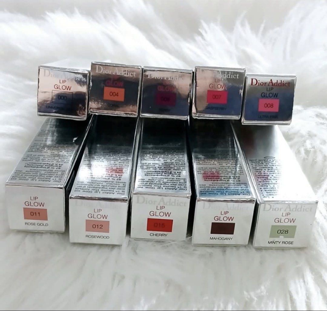 DIOR LIP GLOW per piece (Category: Makeup) located in San Juan City. Submitted by cashfrancefashioncosmetics_ph (Listing ID 1448077826, Image 2). Description: DIOR ADDICT LIP GLOW 3.2g Shades: - 000 UNIVERSAL CLEAR - 004 CORAL - 006 BERRY - 007 RASPBERRY - 008 ULTRA PINK - 011 ROSE GOLD - 012 ROSEWOOD - 015 CHERRY - 020 MAHOGANY - 028 MINTY ROSE.