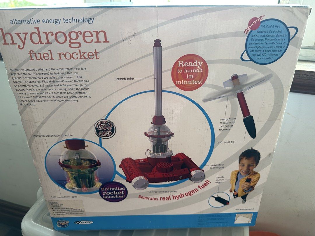 Discovery Kids Hydrogen Fuel Rocket Science Kit (Category: Educational & Learning Toys) located in Mandaluyong City. Submitted by bumbletumble (Listing ID 1447898673, Image 2). Description: - Discovery Kids Hydrogen Fuel Rocket Kit - Alternative energy technology - Launches up to 200 feet - Creates hydrogen power from tap water - Complete fuel launch system - Ready to launch in minutes - Includes talking command center - Recommended for ages 10+.