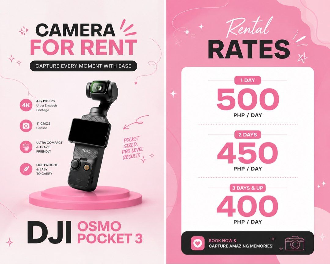 DJI OSMO POCKET 3 FOR RENT (Category: Cameras) located in Tanza. Submitted by yssalouise (Listing ID 1448006164, Image 1). Description: DJI.