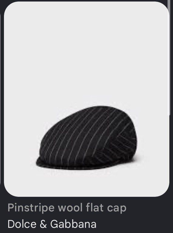 Dolce & Gabbana Pinstripe Wool Flat Cap (Category: Luxury Accessories) located in Subic. Submitted by trashdimes2022 (Listing ID 1447941287, Image 1). Description: Off imo Size: Large Adult (59 or 7 3/8) In Excellent Condition *restitched - See last pic *cut wash tag.