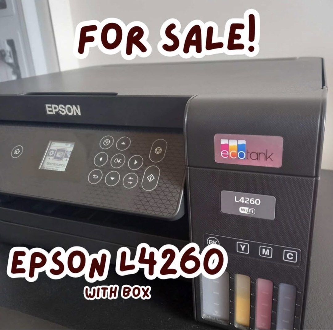 Epson L4260 Ecotank Printer with Box (Category: Printers, Scanners & Copiers) located in Manila. Submitted by ch11ng (Listing ID 1447929710, Image 1). Description: - Epson L4260 Ecotank Printer - Pigment Ink - Negotiable Price - Reason for Selling: No time to fix - Location: Bacoor, Cavite - Freebies: Bookpress, A4 Quaff paper cutter, A5 bond paper ream - Honest Issues: - Cover affected by acetone residue removal - Broken screw holder on scanner 
