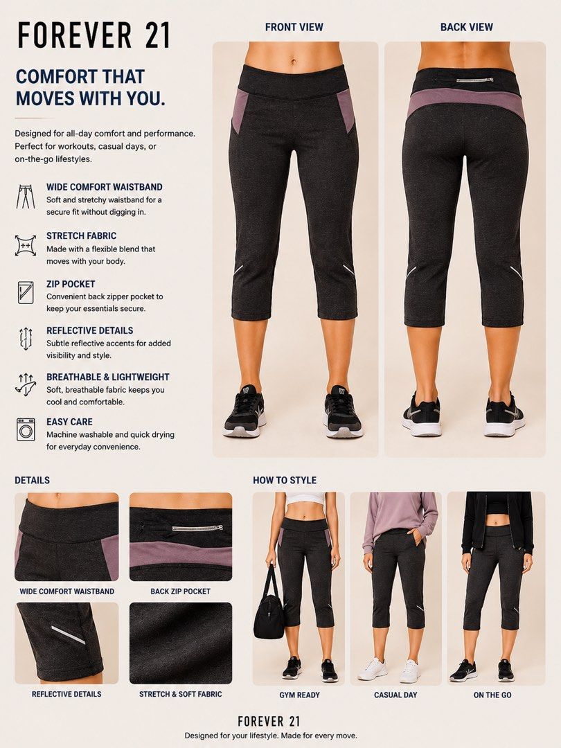 Forever 21 Active High-Waist Capri Leggings (Category: Activewear) located in Paranaque City. Submitted by hershop.sbt (Listing ID 1447887987, Image 1). Description: * High-rise elastic waistband for a secure, flattering fit * Capri length (below the knee) * Stretchy, breathable performance fabric * Moisture-wicking and quick-drying material * Contrasting side panel design for a sporty style * Reflective accents near the calves * Hidden zip pocke