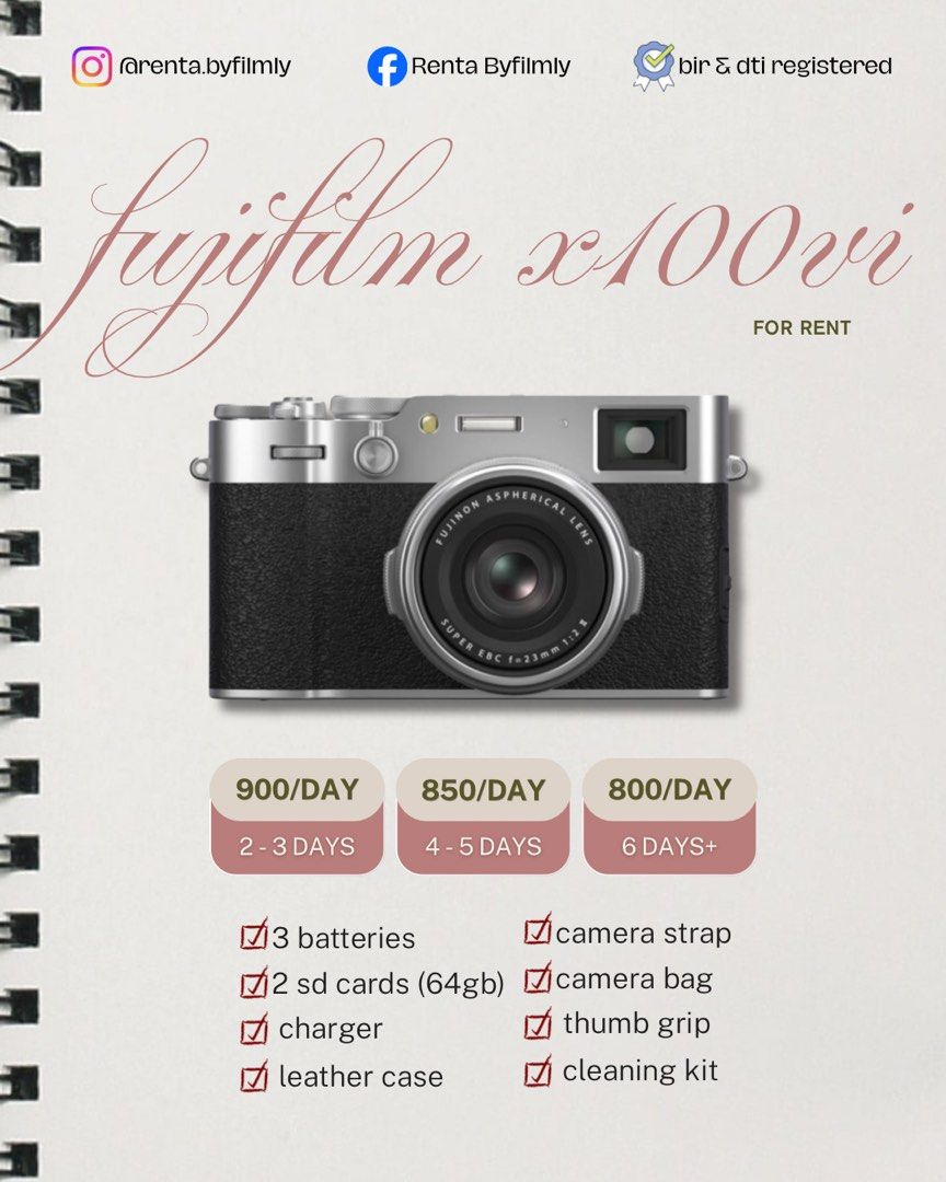 fujifilm x100vi for rent (Category: Cameras) located in Pasig City. Submitted by byfilmly.ph (Listing ID 1447884415, Image 1). Description: 📍 malinao, pasig 📅 calendar basis rental not 24hrs 1-day rental: 7:00 am – 10:00 pm (same day) 2 days or more: pickup starts at 7:00 am, return before 10:00 pm on the last day early pickup available (+₱100), subject to availability ✔️ bir & dti registered 🚚 delivery or self pick up only ( no meet up).