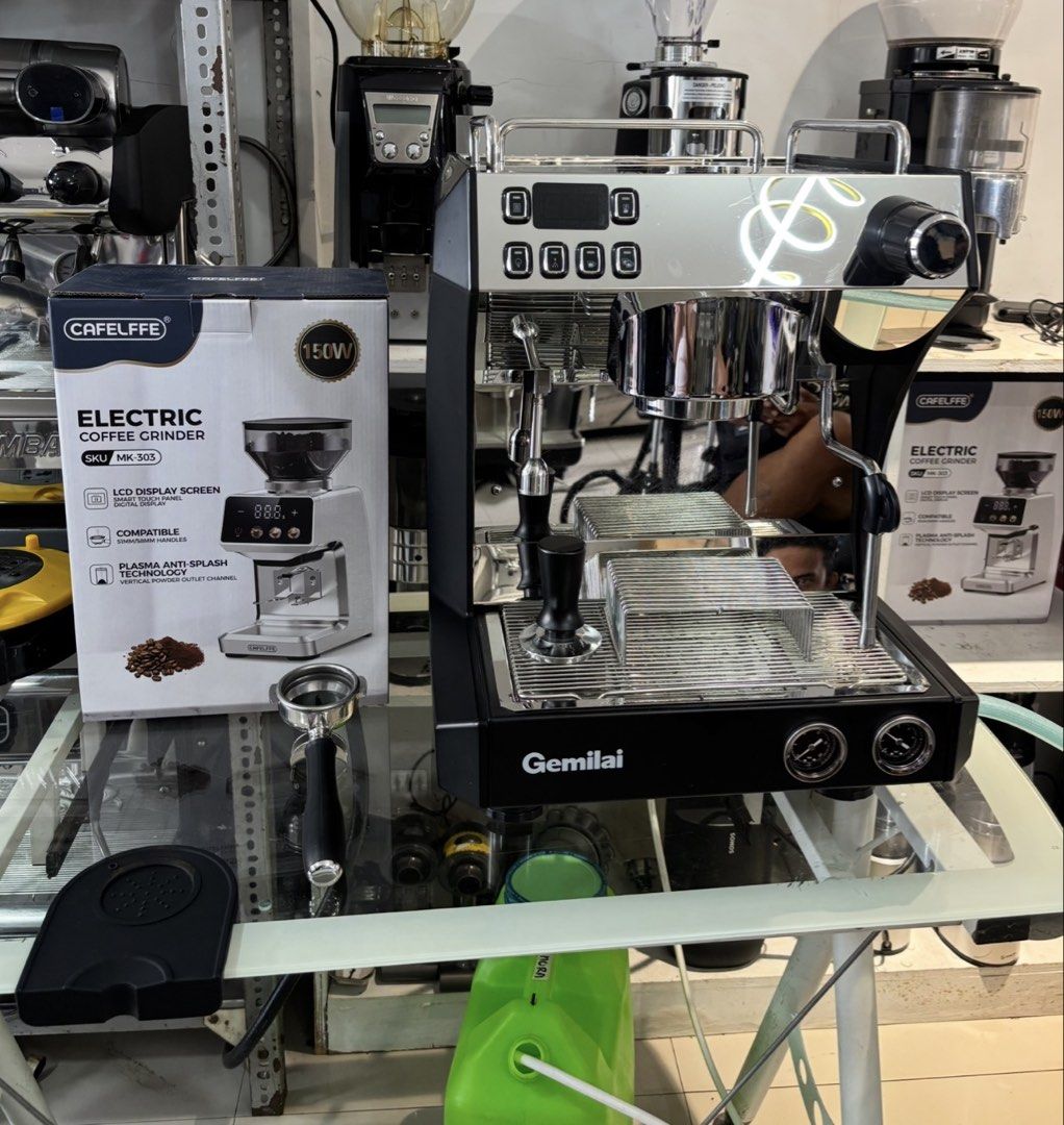 Gemilai 3121A Espresso Machine & Cafelffe Electric Coffee Grinder (Category: Coffee Machines & Makers) located in Pulilan. Submitted by sebbii (Listing ID 1448027927, Image 1). Description: - Gemilai espresso machine - Cafelffe MK 305 electric coffee grinder - Grinder features: 150W motor, LCD display, plasma anti-splash technology - Ideal for home coffee brewing enthusiasts.
