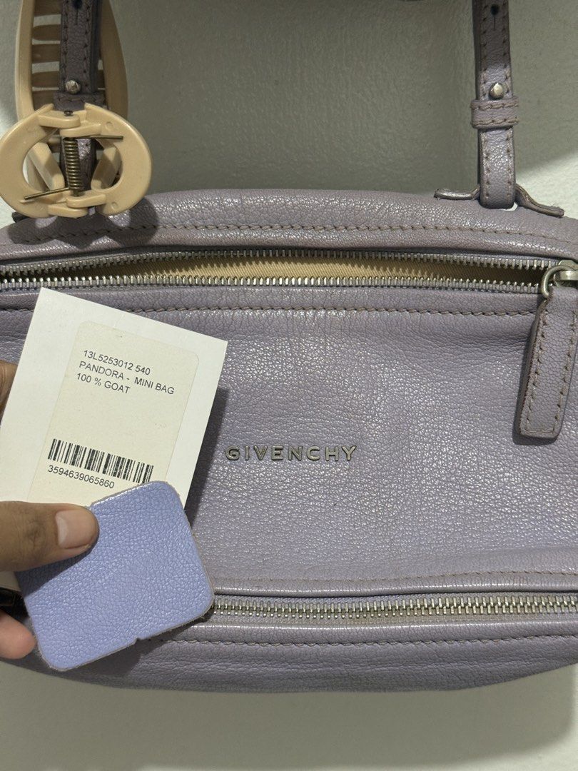 Givenchy Pandora Mini Bag Lavender Leather (Category: Luxury Bags & Wallets) located in Pagadian. Submitted by kimgonzalesphl (Listing ID 1447920373, Image 2). Description: - Authentic Givenchy Pandora mini bag - Chic lavender color - Material: 100% Goat Leather - Includes original tag - Ideal for carrying daily essentials.