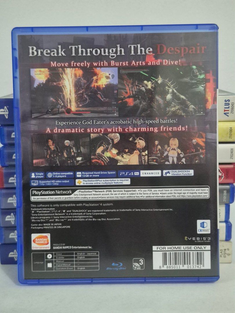 God Eater 3 PS4 Game (Category: PlayStation) located in Paranaque City. Submitted by millictea (Listing ID 1448017757, Image 3). Description: - God Eater 3 for PlayStation 4 - Experience intense, high-speed acrobatic combat - Dive into a dramatic story with memorable characters - Comes with an exclusive download code for original themes - Recommended for ages 16 and above MOP: GCash/GoTyme/Maya/MariBank.