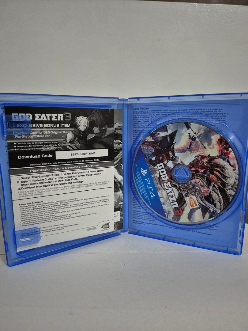God Eater 3 PS4 Game (Category: PlayStation) located in Paranaque City. Submitted by millictea (Listing ID 1448017757, Image 2). Description: - God Eater 3 for PlayStation 4 - Experience intense, high-speed acrobatic combat - Dive into a dramatic story with memorable characters - Comes with an exclusive download code for original themes - Recommended for ages 16 and above MOP: GCash/GoTyme/Maya/MariBank.