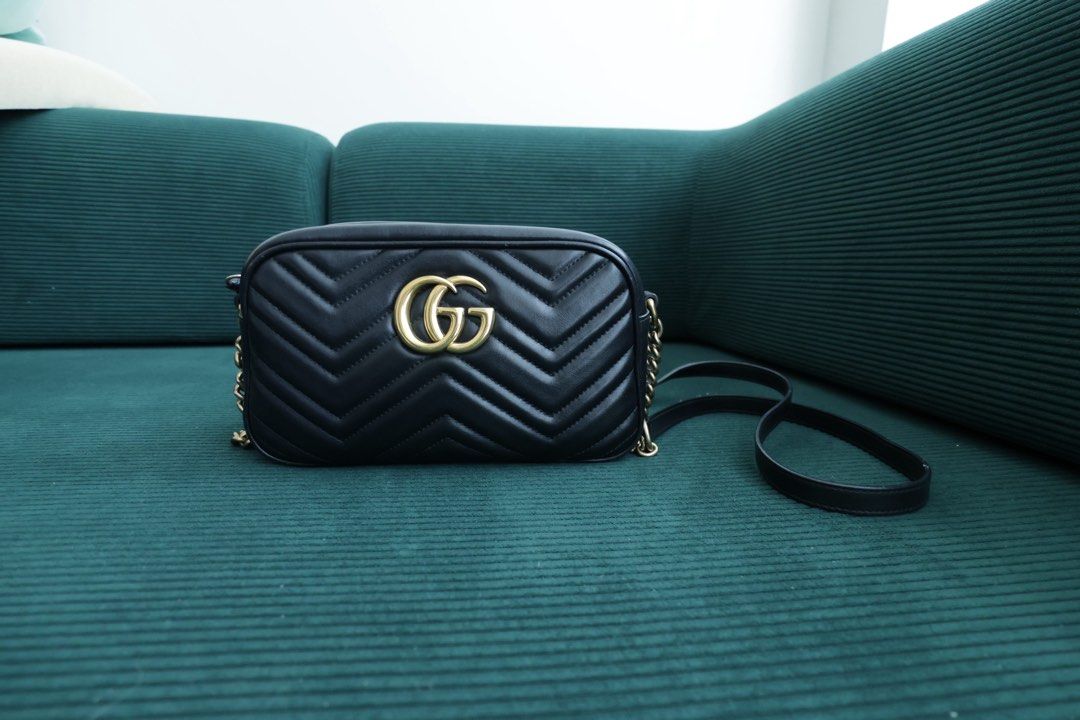 Gucci Marmont Small Camera Bag Black (Category: Luxury Bags & Wallets) located in Quezon City. Submitted by cammi_ (Listing ID 1447960190, Image 1). Description: - Authentic Gucci Marmont small bag - Color: Black - Material: Matelasse leather - Hardware: Gold GG logo - Closure: Zip closure - Perfect for: Everyday use or nights out - Capacity: Fits essentials - Condition: Excellent Condition - Purchased from Canon E-bags Consignment.