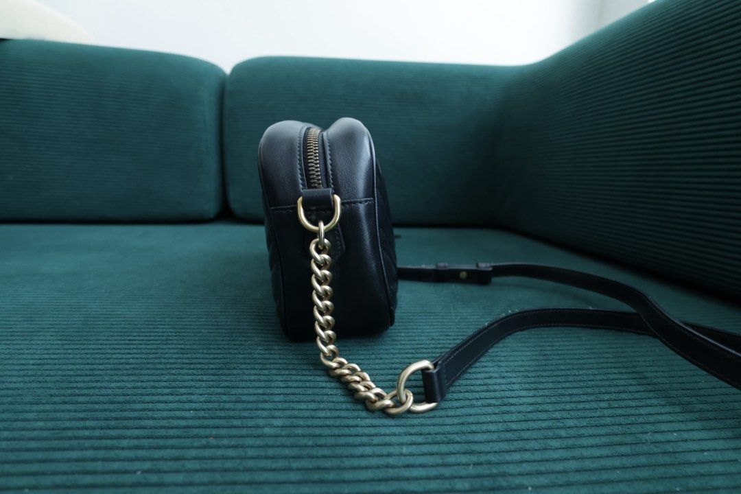 Gucci Marmont Small Camera Bag Black (Category: Luxury Bags & Wallets) located in Quezon City. Submitted by cammi_ (Listing ID 1447960190, Image 3). Description: - Authentic Gucci Marmont small bag - Color: Black - Material: Matelasse leather - Hardware: Gold GG logo - Closure: Zip closure - Perfect for: Everyday use or nights out - Capacity: Fits essentials - Condition: Excellent Condition - Purchased from Canon E-bags Consignment.