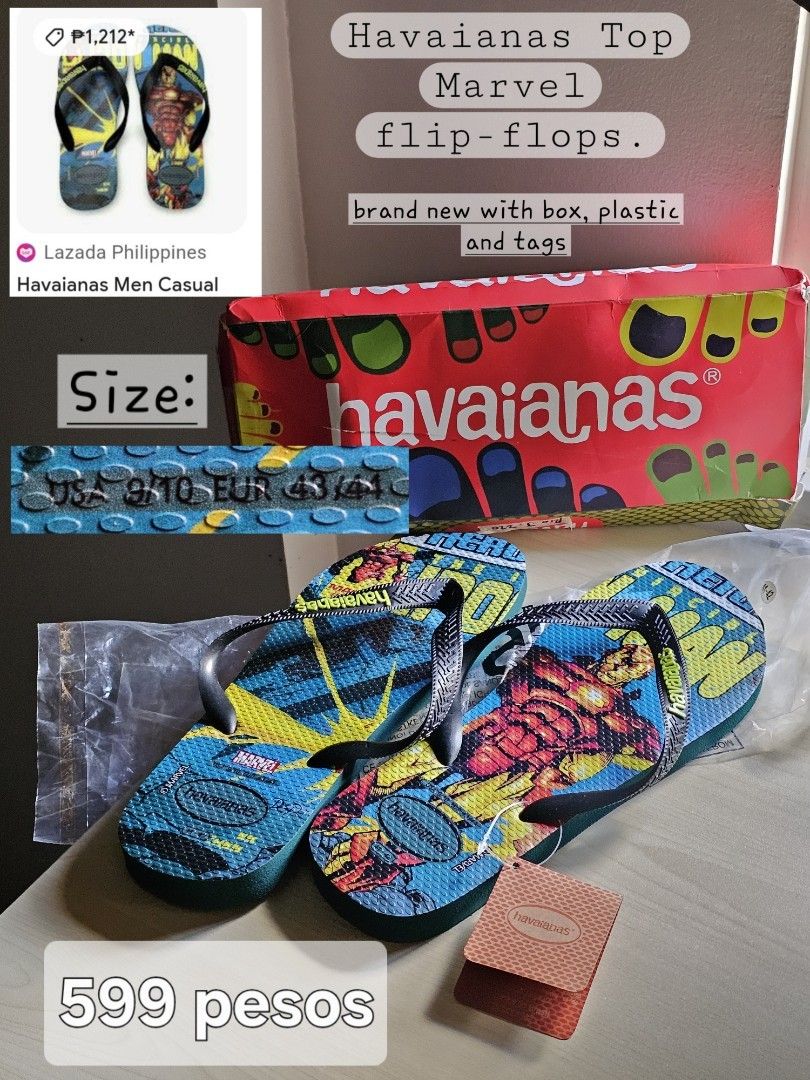 Havaianas Iron Man Flip Flops (Category: Slippers & Slides) located in Paranaque City. Submitted by mab.villareal (Listing ID 1448074435, Image 2). Description: - Cool Havaianas flip flops with an Iron Man design - Perfect for Marvel fans - Comes with original packaging - Ideal for casual wear or beach outings.