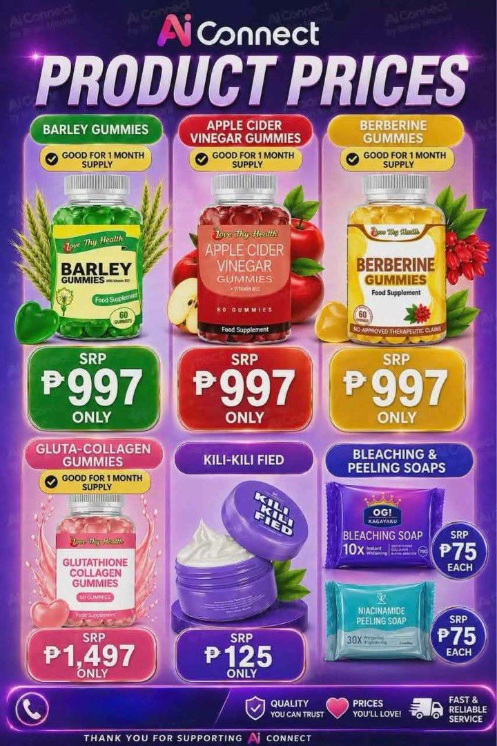Healthy Gummies and Soap (Category: Health Food, Drinks & Tonics) located in Cavite. Submitted by yanacate (Listing ID 1448037477, Image 1). Description: - Love Thy Health Gummies available in Barley, Apple Cider Vinegar, Berberine, and Gluta-Collagen. - Each gummy bottle is a good for 1 month supply. - OGI Kagayaku Bleaching & Peeling Soaps for skin care. - Kili-Kili Fied cream also available..