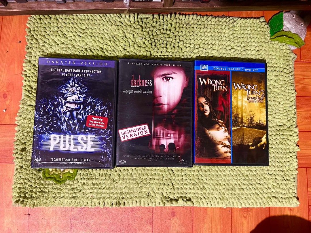 Horror Movie DVDs: Pulse, Darkness, Wrong Turn 1 & 2 (Category: CDs & DVDs) located in Muntinlupa City. Submitted by albertdj (Listing ID 1447993462, Image 1). Description: - Bundle includes 3 great horror movies: - Pulse (Unrated Version) - Darkness (Uncensored Version) - Wrong Turn 1 & 2 (Double Feature) - All discs are in their original cases. - A must-have collection for any serious horror fan!.