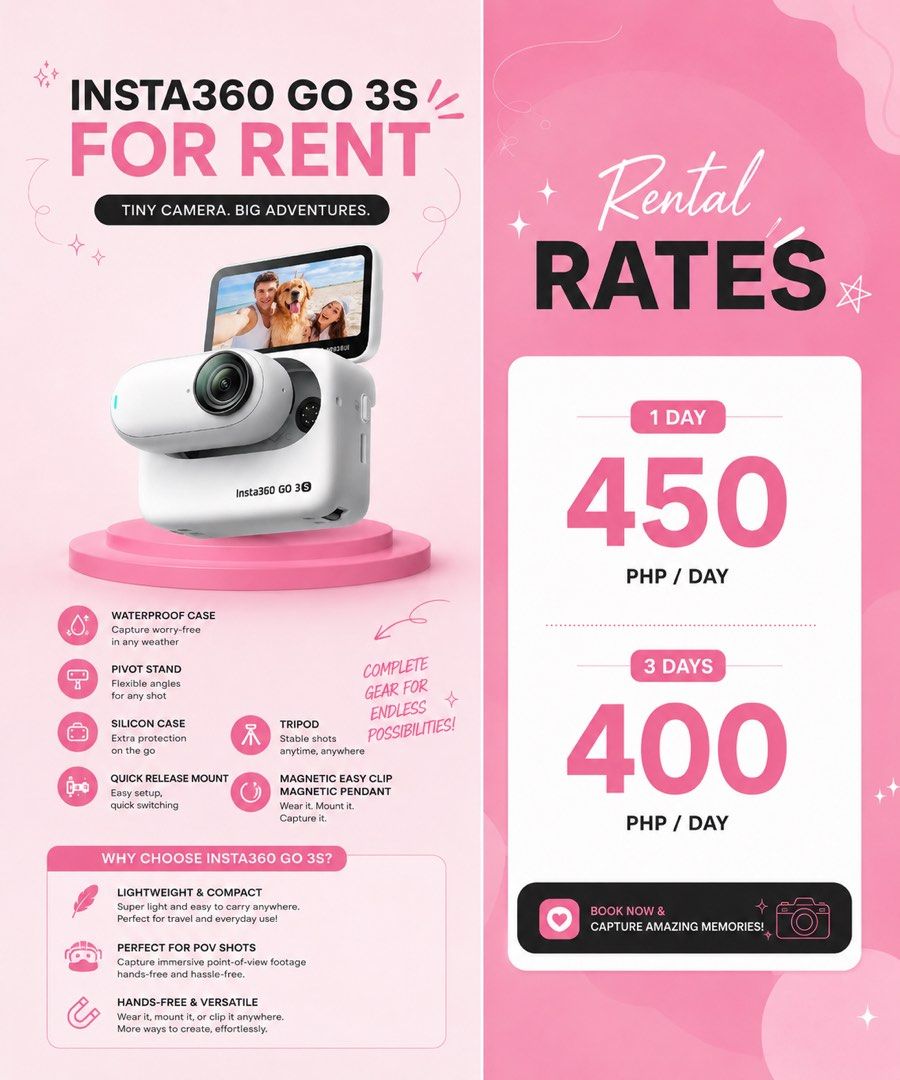 Insta360 GO 3S Action Camera for Rent (Category: Cameras) located in Tanza. Submitted by yssalouise (Listing ID 1448055480, Image 1). Description: - Rent the tiny Insta360 GO 3S for your next adventure! - Waterproof, lightweight, and super compact design. - Perfect for capturing POV shots and hands-free recording. - Comes with a complete set of accessories: pivot stand, silicon case, quick release mount, tripod, and magnetic pendant. - Get ready 