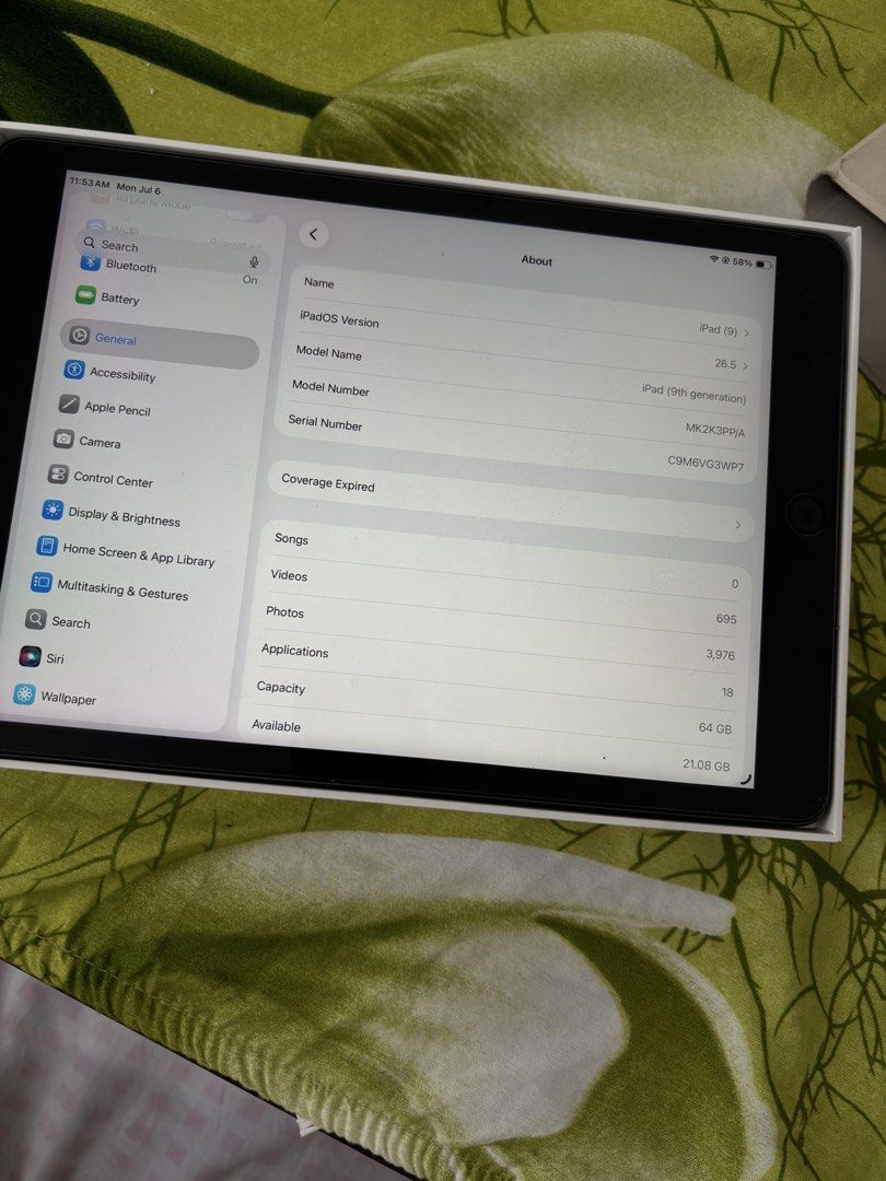 iPad 9th Gen 64GB Wi-Fi | Excellent Condition (Category: iPad) located in Manila. Submitted by cogabriele92884 (Listing ID 1447952421, Image 2). Description: iPad 9th Gen 64GB Wi-Fi only Space Gray | Excellent Condition | With Box - 1 year old - No scratches, no dents, no cracks - With tempered glass - No charger included - With free wired earphones (bnew) - Battery performs well - Original Box included - Reason for selling: Upgrade to newer mode