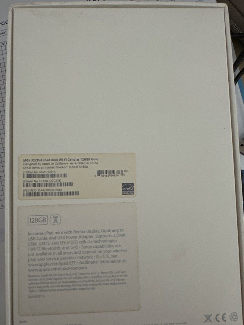 (Category: iPad) located in Singapore. Submitted by talljuice (Listing ID 1447921887, Image 1). Description: - Apple iPad Mini - 128GB Storage - Gold Color - Wi-Fi + Cellular Model - Retina Display - 4G LTE Support - Includes Original Box, USB Cable, and Power Adapter - Ideal for On-the-Go Use.