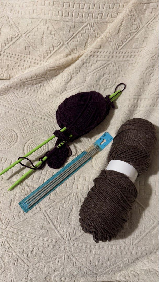 Knitting Needles & Yarn Bundle (Category: Craft Supplies & Tools) located in Pasig City. Submitted by jasmineas (Listing ID 1448029558, Image 1). Description: - Milward 20cm 3mm knitting needles (new in original packaging - only opened to check, never used) - 2 balls of yarn: 1 deep purple, 1 rich brown - Perfect for scarves, hats, blankets, and more! - Ideal for beginners and experienced knitters alike..