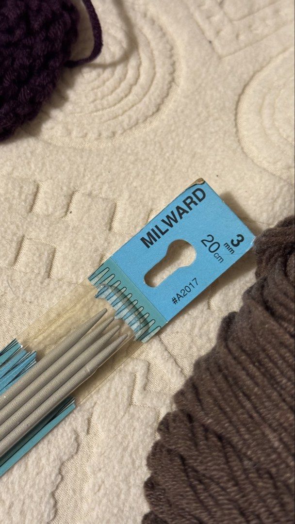 Knitting Needles & Yarn Bundle (Category: Craft Supplies & Tools) located in Pasig City. Submitted by jasmineas (Listing ID 1448029558, Image 3). Description: - Milward 20cm 3mm knitting needles (new in original packaging - only opened to check, never used) - 2 balls of yarn: 1 deep purple, 1 rich brown - Perfect for scarves, hats, blankets, and more! - Ideal for beginners and experienced knitters alike..