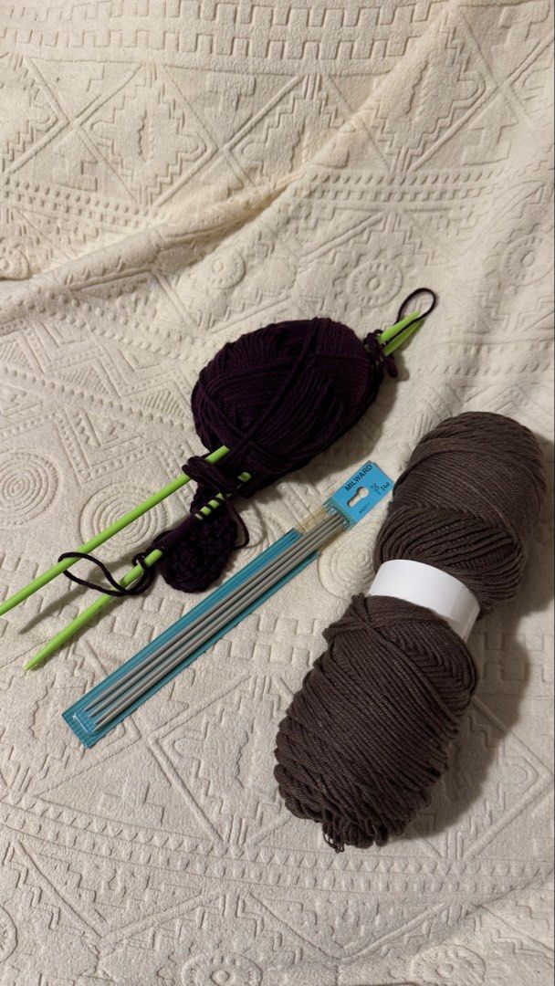 Knitting Needles & Yarn Bundle (Category: Craft Supplies & Tools) located in Pasig City. Submitted by jasmineas (Listing ID 1448029558, Image 2). Description: - Milward 20cm 3mm knitting needles (new in original packaging - only opened to check, never used) - 2 balls of yarn: 1 deep purple, 1 rich brown - Perfect for scarves, hats, blankets, and more! - Ideal for beginners and experienced knitters alike..