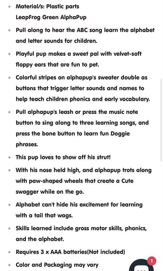 LeapFrog AlphaPup Pull Along ABC Dog Toy (Category: Infant Playtime) located in Leyte. Submitted by handmedownp (Listing ID 1447949414, Image 3). Description: - LeapFrog AlphaPup pull toy for letter learning. - Pull along to hear the ABC song and learn letter sounds. - Press sweater buttons for letter names and sounds. - Sings 3 learning songs and plays doggie phrases. - Features paw-shaped wheels for a fun walk. - Requires 3 x AAA batteries (not