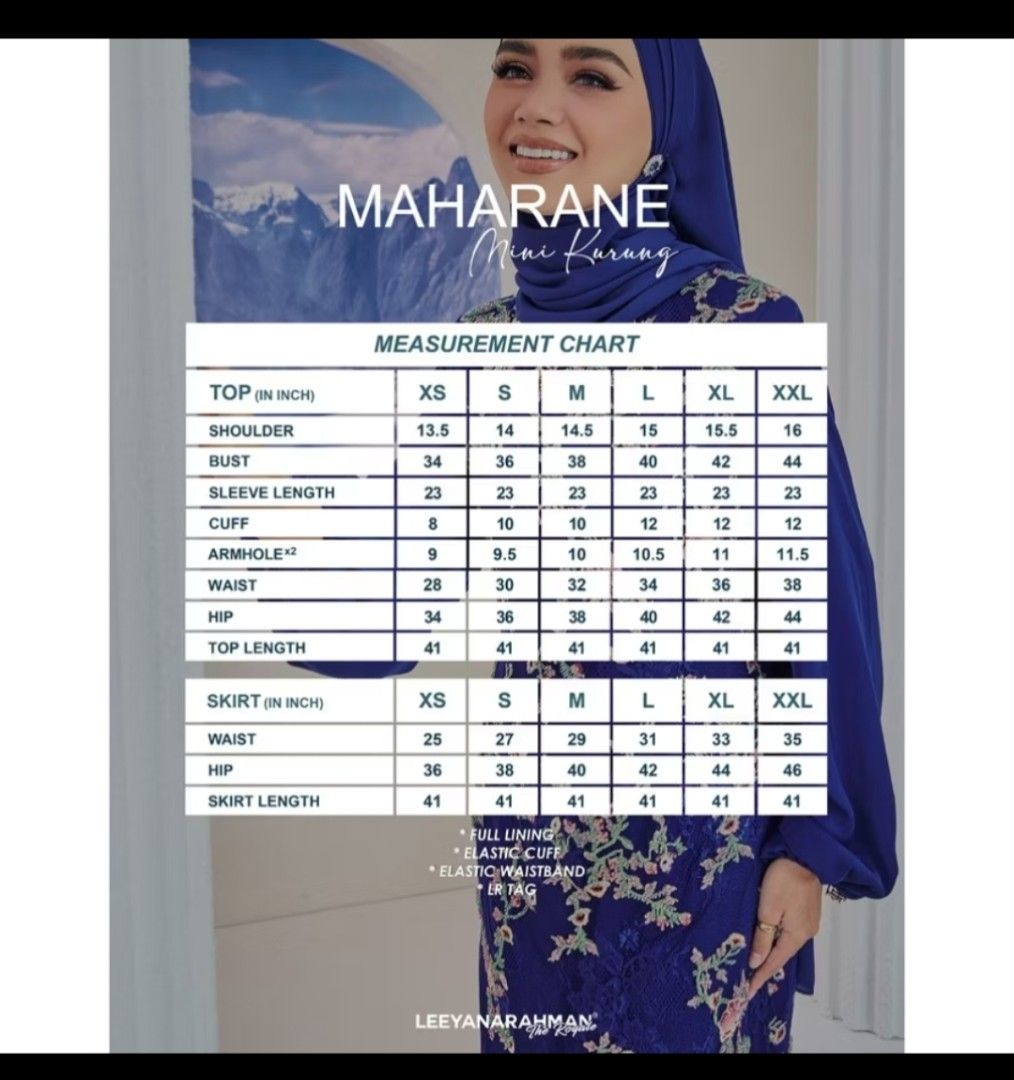 Leeyanarahman Maharani Mini Kurung Royal Blue Floral Lace S (Category: Baju Kurung & sets) located in Tapah. Submitted by gurlyan (Listing ID 1447971512, Image 3). Description: - Royal blue Maharani Mini Kurung by Leeyanarahman - Intricate floral lace detailing on the top - Stylish balloon sleeves - Comes with a matching skirt - Ideal for special events - Refer to the measurement chart for accurate sizing.