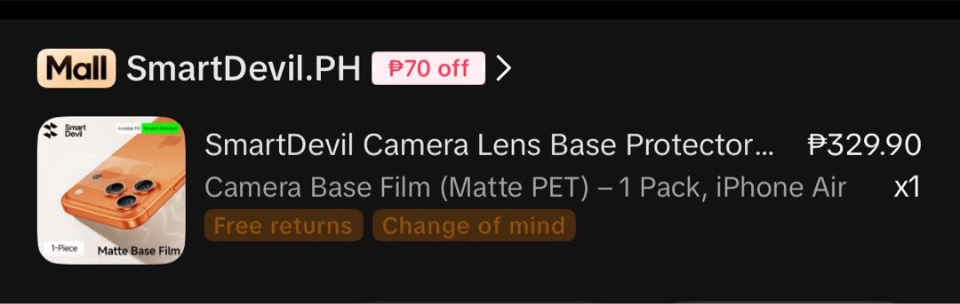 Lens Screen Protector (iphone air) (Category: Other Mobile & Gadget Accessories) located in Pasig City. Submitted by jewelriesof.pm (Listing ID 1448052173, Image 1). Description: Mali po ng nabili Price nego.