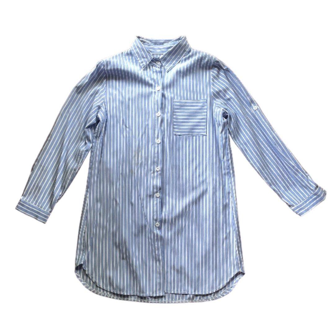 light blue striped white long oversized long sleeve button up button down (Category: Longsleeves) located in Cagayan de Oro. Submitted by andoodoo (Listing ID 1447901139, Image 1). Description: - Size: no size tag, fits M-L, oversized - Width: 19 in, Length: 31 in, Sleeve length: 16 in (flatlay) - Issues: yellow stains (see photos) - no when worn - dm for more photos Loaction: Cagayan de Oro SF shouldered by buyer No refunds.
