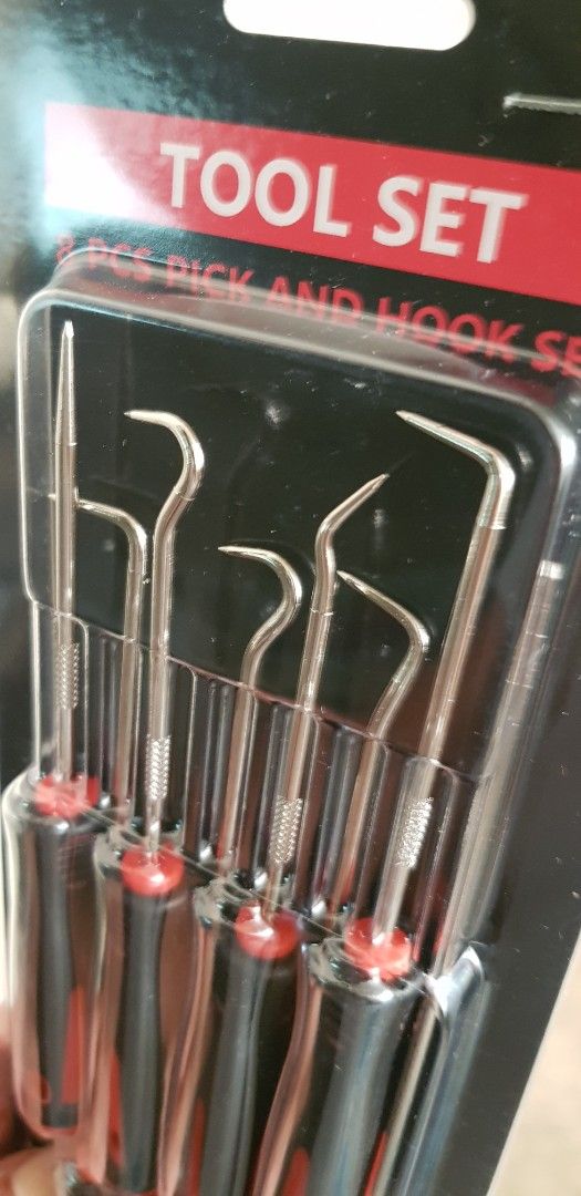 Lock Tool Pick set (Category: Construction Tools & Equipment) located in Makati City. Submitted by walangtubo (Listing ID 1447895745, Image 2). Description: 8pc pick and hook set 4pcs @ 6.5in 4pcs @ 9.5in all have 3.5i sure grip handles for the DIY and hobbyists...