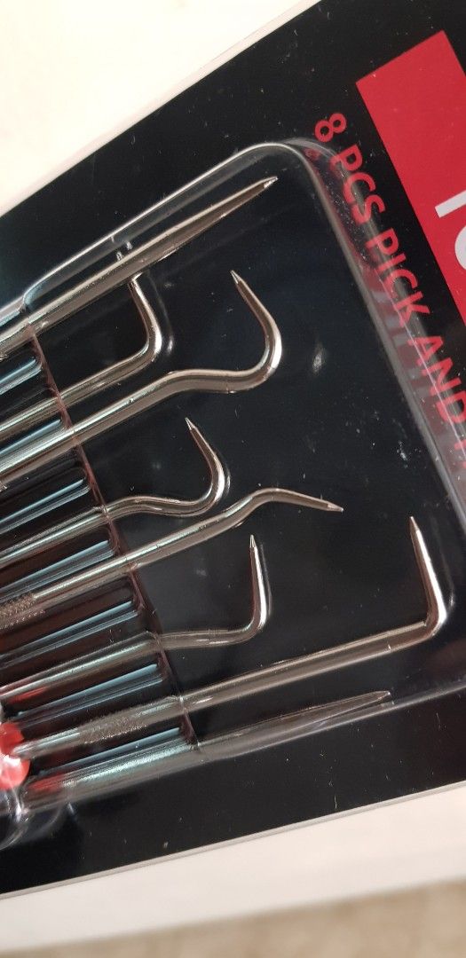 Lock Tool Pick set (Category: Construction Tools & Equipment) located in Makati City. Submitted by walangtubo (Listing ID 1447895745, Image 1). Description: 8pc pick and hook set 4pcs @ 6.5in 4pcs @ 9.5in all have 3.5i sure grip handles for the DIY and hobbyists...