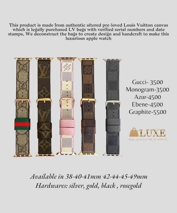Louis Vuitton Canvas Apple Watch Band (Category: Wearables & Smart Watches) located in Bacoor. Submitted by iamgraxa (Listing ID 1447930414, Image 2). Description: - Handcrafted Apple Watch band made from authentic, pre-loved Louis Vuitton canvas. - Upcycled from legally purchased LV bags, ensuring unique designs. - Available for Apple Watch sizes: 38-41mm and 42-45-49mm. - Hardware options: Silver, Gold, Black, and Rose Gold. - Each band is a un