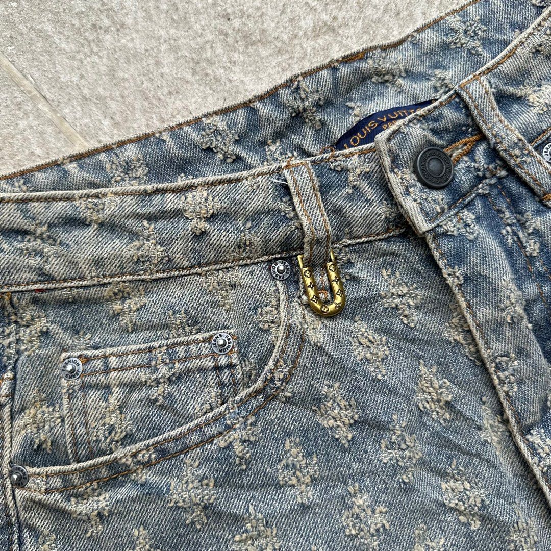 Louis Vuitton Monogram Denim Shorts (Category: Shorts) located in Iloilo. Submitted by anonymous_ph (Listing ID 1448005652, Image 3). Description: - Authentic Louis Vuitton denim shorts - All-over signature monogram pattern - Classic blue wash - Button and zip fly closure - Two front pockets - Two back pockets - Leather patch on back waistband - Ideal for a chic, casual look LV DENIM SHORT✨ -WAISTLINE 28 -LENGTH 20.5 -LEG HOLE 11.5 -CR 9/10 EXCEL