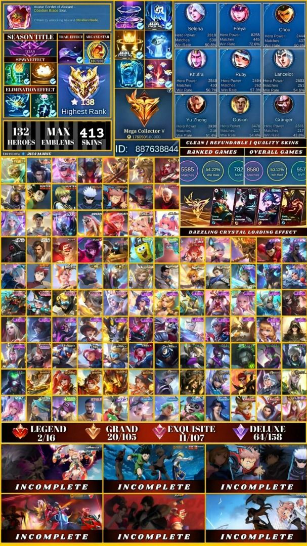 MLBB HIGH END ACCOUNT (Category: Game Gift Cards & Accounts) located in Cebu City. Submitted by joshuakim0690 (Listing ID 1448069240, Image 1). Description: Clean bind MLBB account & Rebindable No issues via midman or meet up Cebu city. .