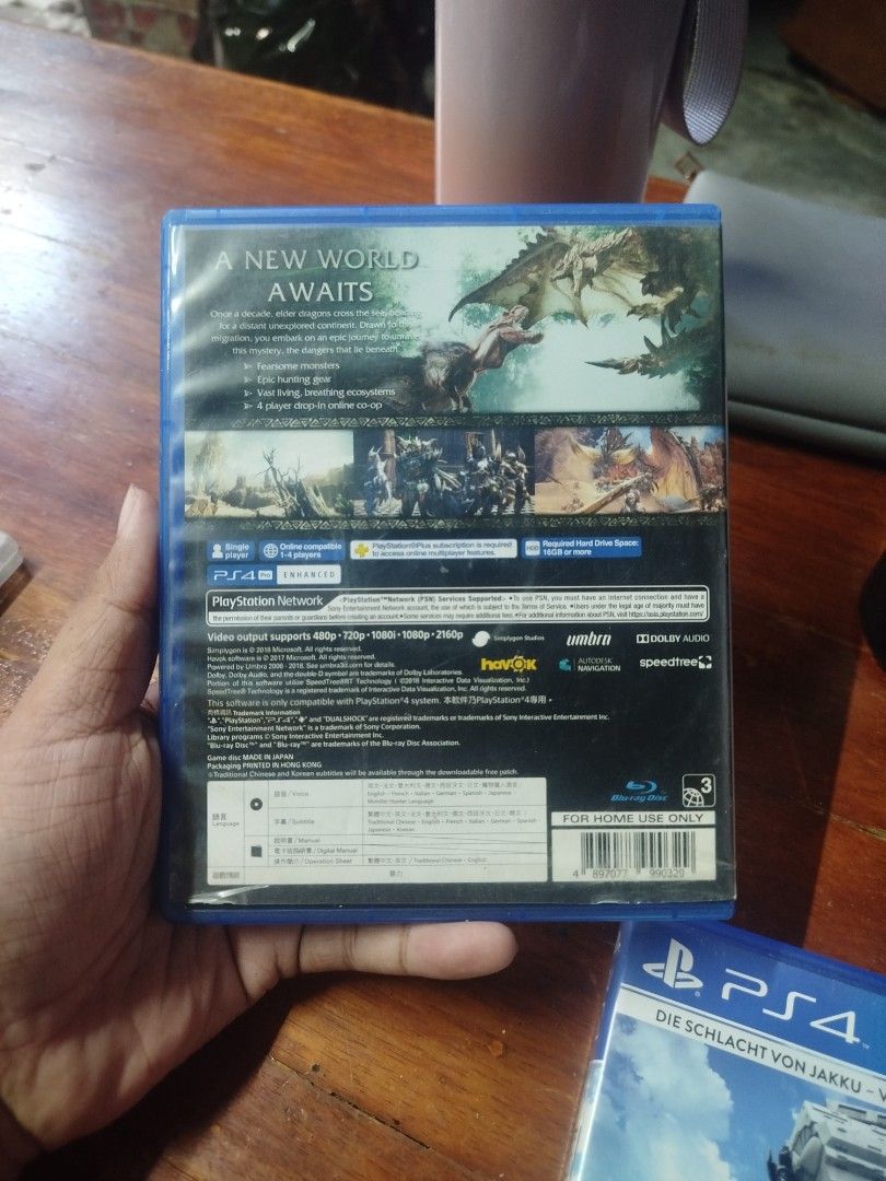 Monster Hunter World PS4 Game (Category: PlayStation) located in Binan City. Submitted by pumpkiiin02 (Listing ID 1447947573, Image 2). Description: - Monster Hunter World for PS4 - Includes original case and cover art - Explore a vast world and hunt massive monsters - Perfect for action RPG fans - Enjoy solo or with friends.