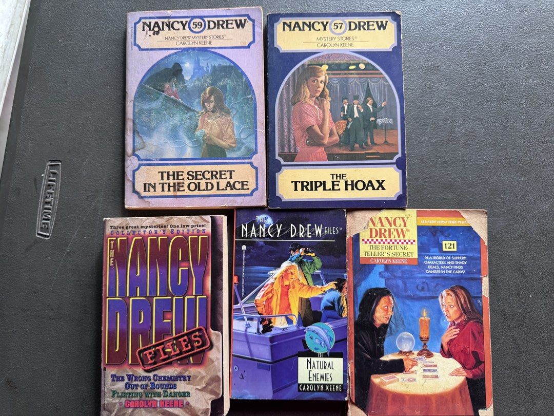 Nancy Drew Mystery Books (Category: Storybooks) located in Quezon City. Submitted by happyreader (Listing ID 1447936419, Image 1). Description: Old Lace P200 Triple Hoax P200 Nancy Drew Files Collector’s Edition P200 Natural Enemies P100 Fortune Teller’s Secret P50 ( cover damage) Nancy Drew mystery books. - Titles included: 'The Secret in the Old Lace', 'The Triple Hoax', 'The Nancy Drew Files: Natural Enemies', 'The Nancy Drew Files: The Wrong 