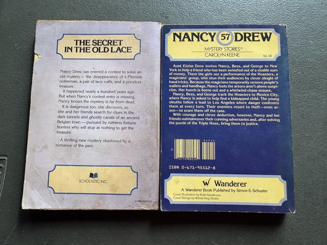 Nancy Drew Mystery Books (Category: Storybooks) located in Quezon City. Submitted by happyreader (Listing ID 1447936419, Image 3). Description: Old Lace P200 Triple Hoax P200 Nancy Drew Files Collector’s Edition P200 Natural Enemies P100 Fortune Teller’s Secret P50 ( cover damage) Nancy Drew mystery books. - Titles included: 'The Secret in the Old Lace', 'The Triple Hoax', 'The Nancy Drew Files: Natural Enemies', 'The Nancy Drew Files: The Wrong 